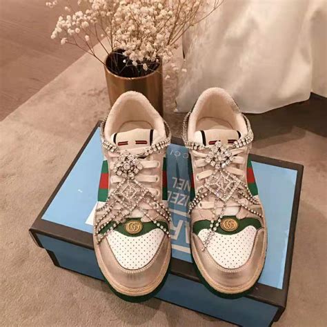 gucci pink and green sneakers|Gucci crystal studded sneakers.